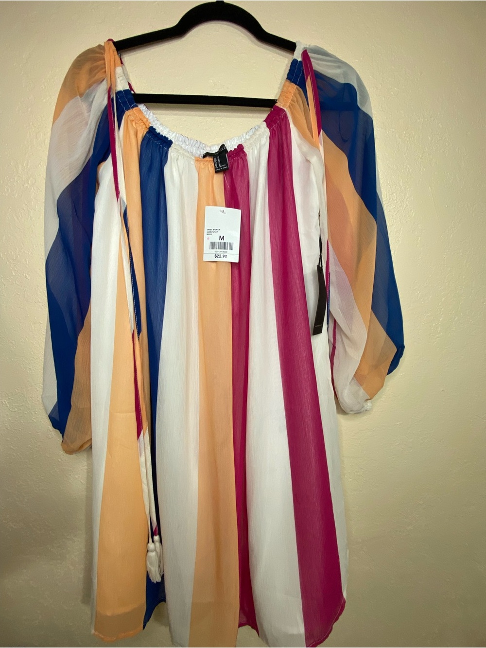 Forever 21 Striped Off-Shoulder Mini Dress in White, Blue, Pink, Peach
